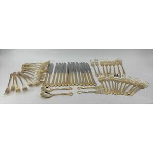 Gold Tone Stainless Flatware Hollywood Regency 53 Pieces Vintage